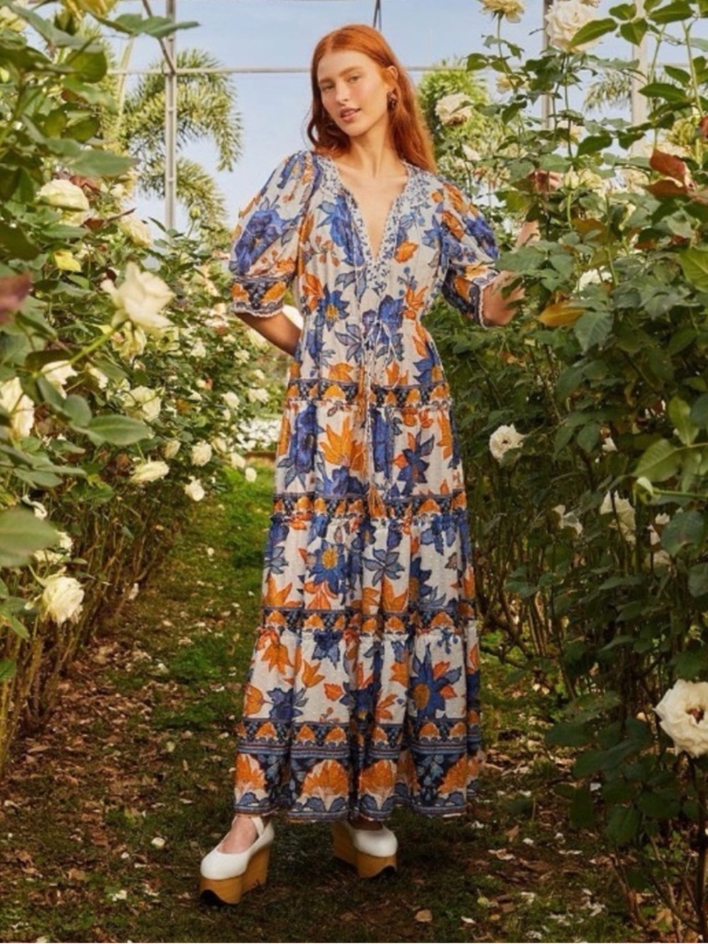 FARM Rio Off-White Summer Flowers Beaded Tassels Maxi Dress Size XXS NWT